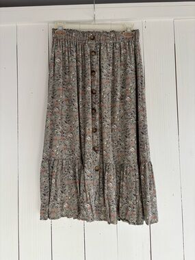 Sage Floral Button-Front Midi Skirt